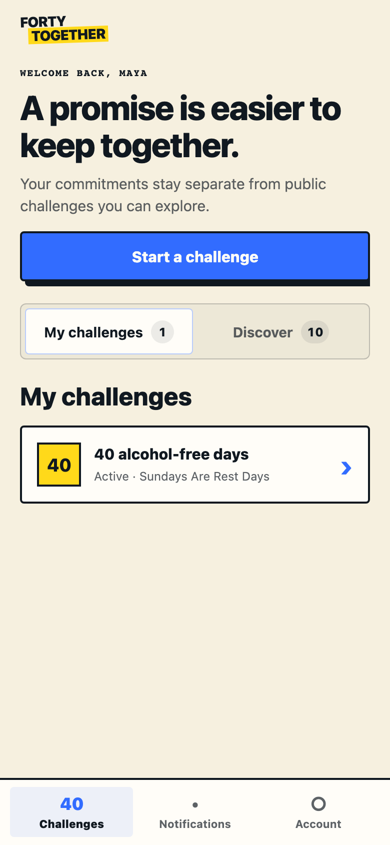 Forty Together mobile app showing Maya's active challenges