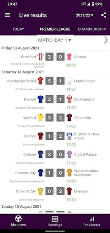 Captura 1: Marcadores en Vivo: Premier League 2021/2022