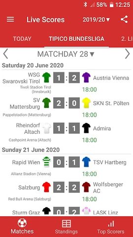 Captura 1: Resultados en vivo de los campeonatos de fútbol de Austria